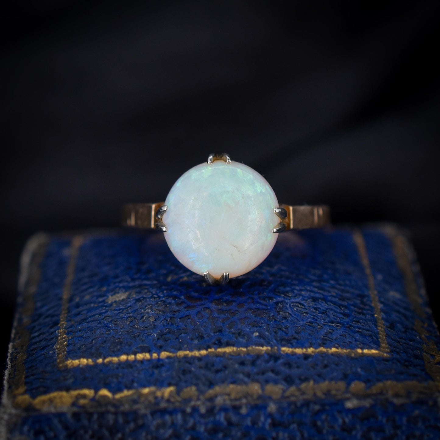 Art Deco Colourful Natural Opal Round Solitaire 9ct Yellow Gold Ring - Chester 1926