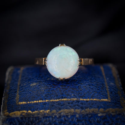 Art Deco Colourful Natural Opal Round Solitaire 9ct Yellow Gold Ring - Chester 1926