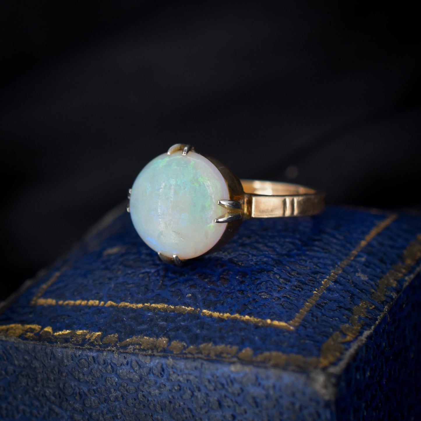 Art Deco Colourful Natural Opal Round Solitaire 9ct Yellow Gold Ring - Chester 1926