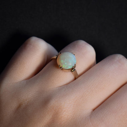 Art Deco Colourful Natural Opal Round Solitaire 9ct Yellow Gold Ring - Chester 1926