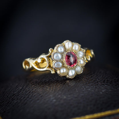 Antique Victorian Pink Tourmaline and Pearl Cluster 22ct Gold Ring