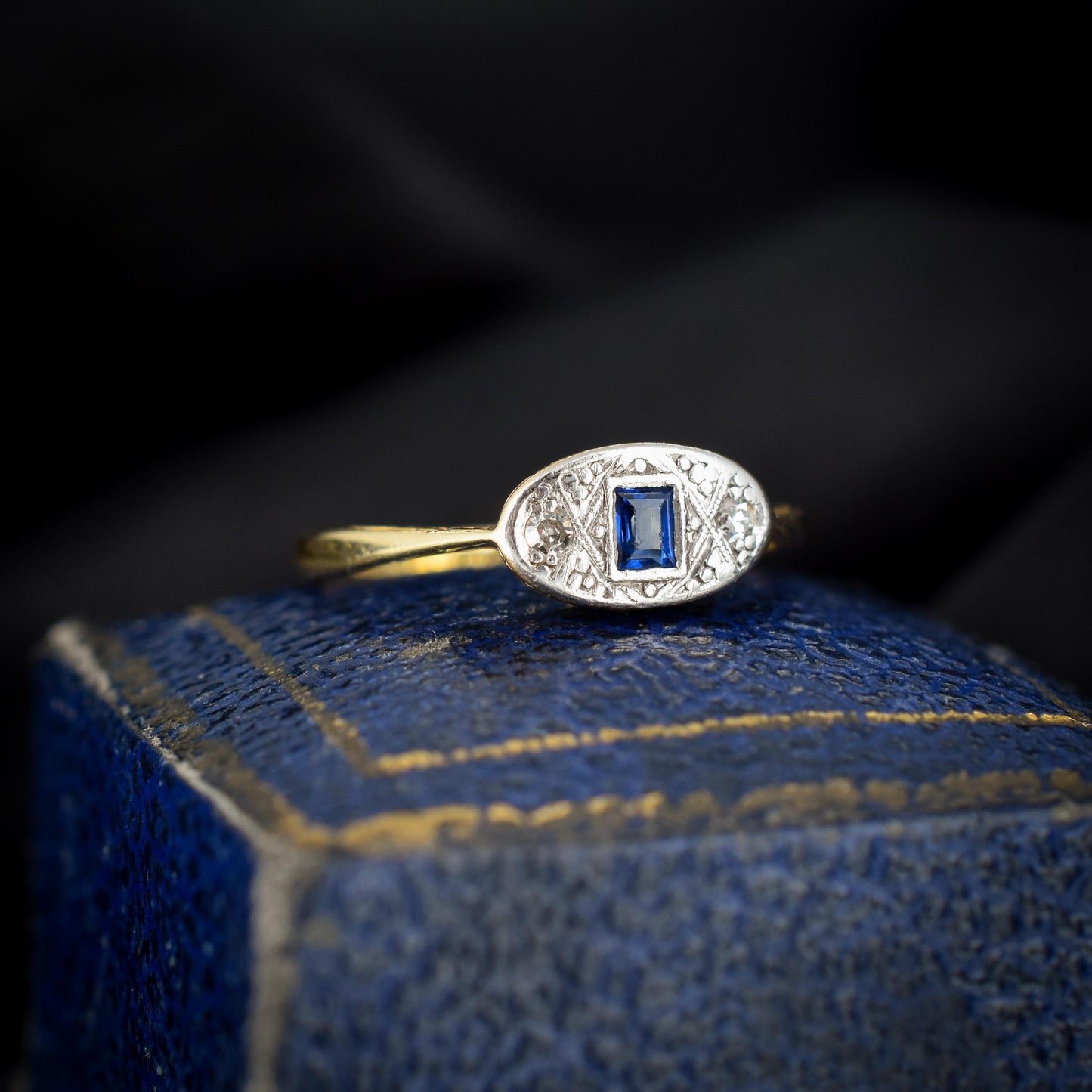 Art Deco Blue Sapphire and Diamond 18ct Yellow Gold and Platinum Ring | Antique