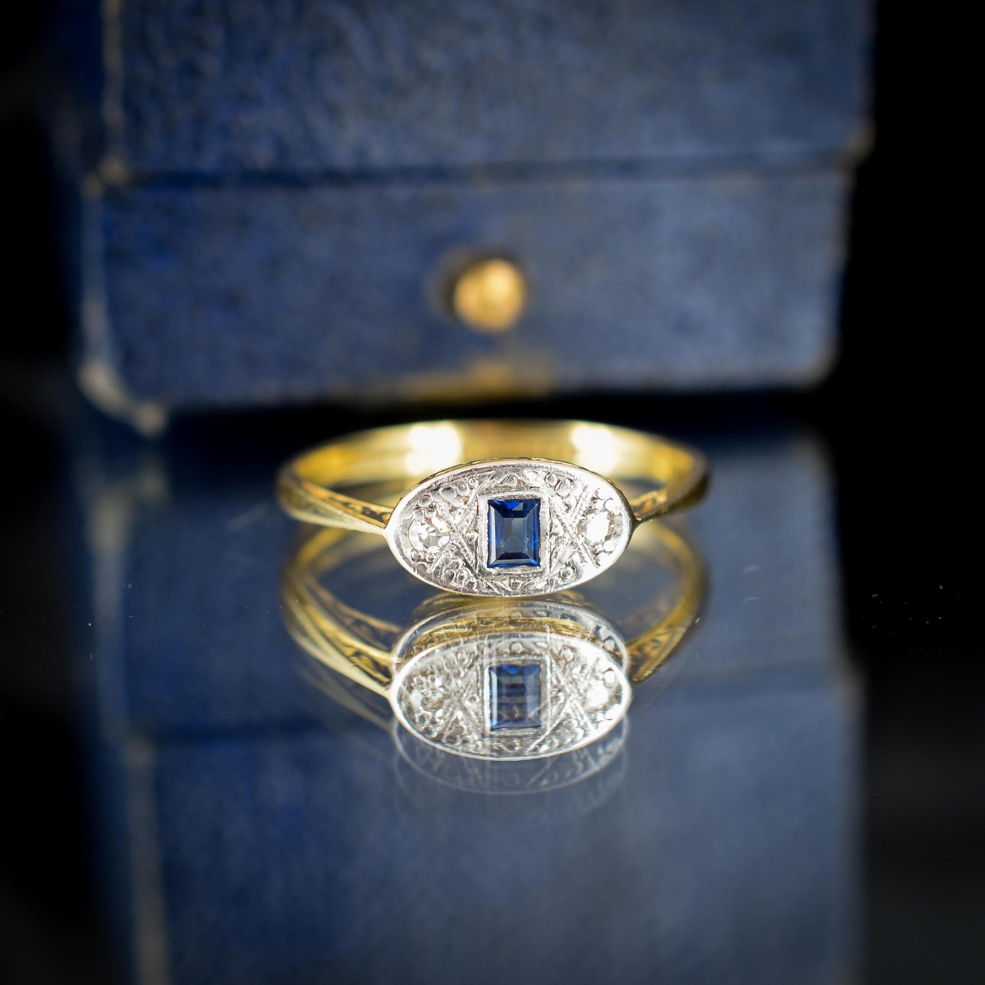 Art Deco Blue Sapphire and Diamond 18ct Yellow Gold and Platinum Ring | Antique