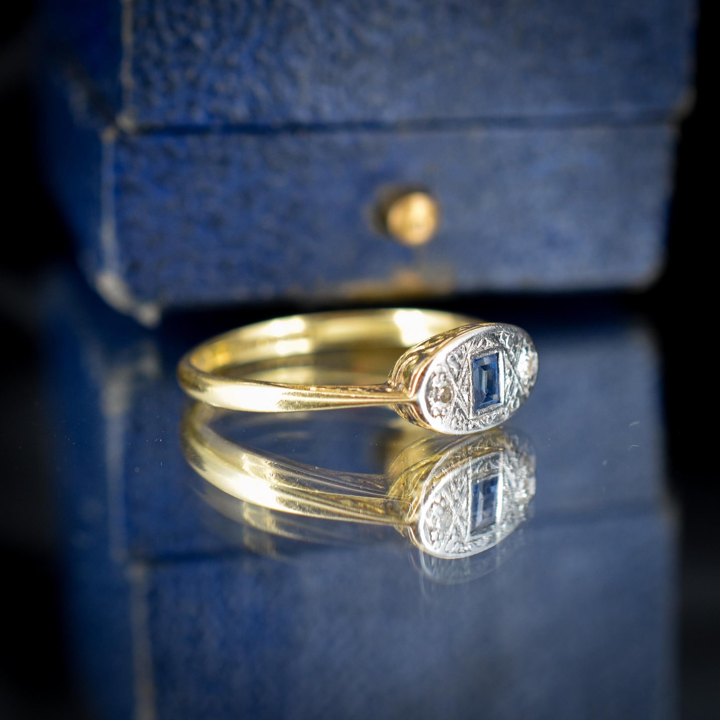 Art Deco Blue Sapphire and Diamond 18ct Yellow Gold and Platinum Ring | Antique