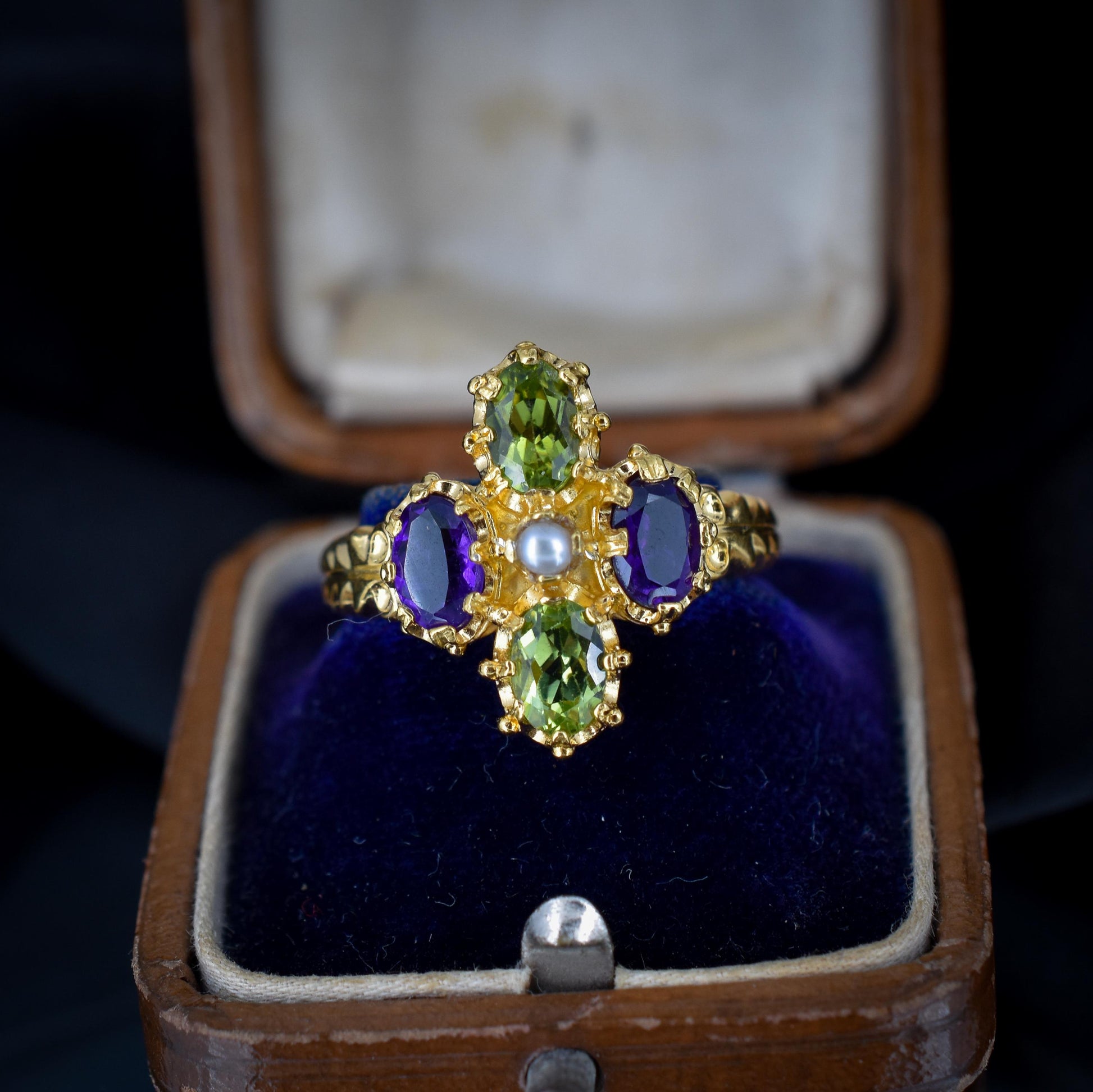 Amethyst Peridot and Pearl Fancy Cluster Gold on Silver Ring