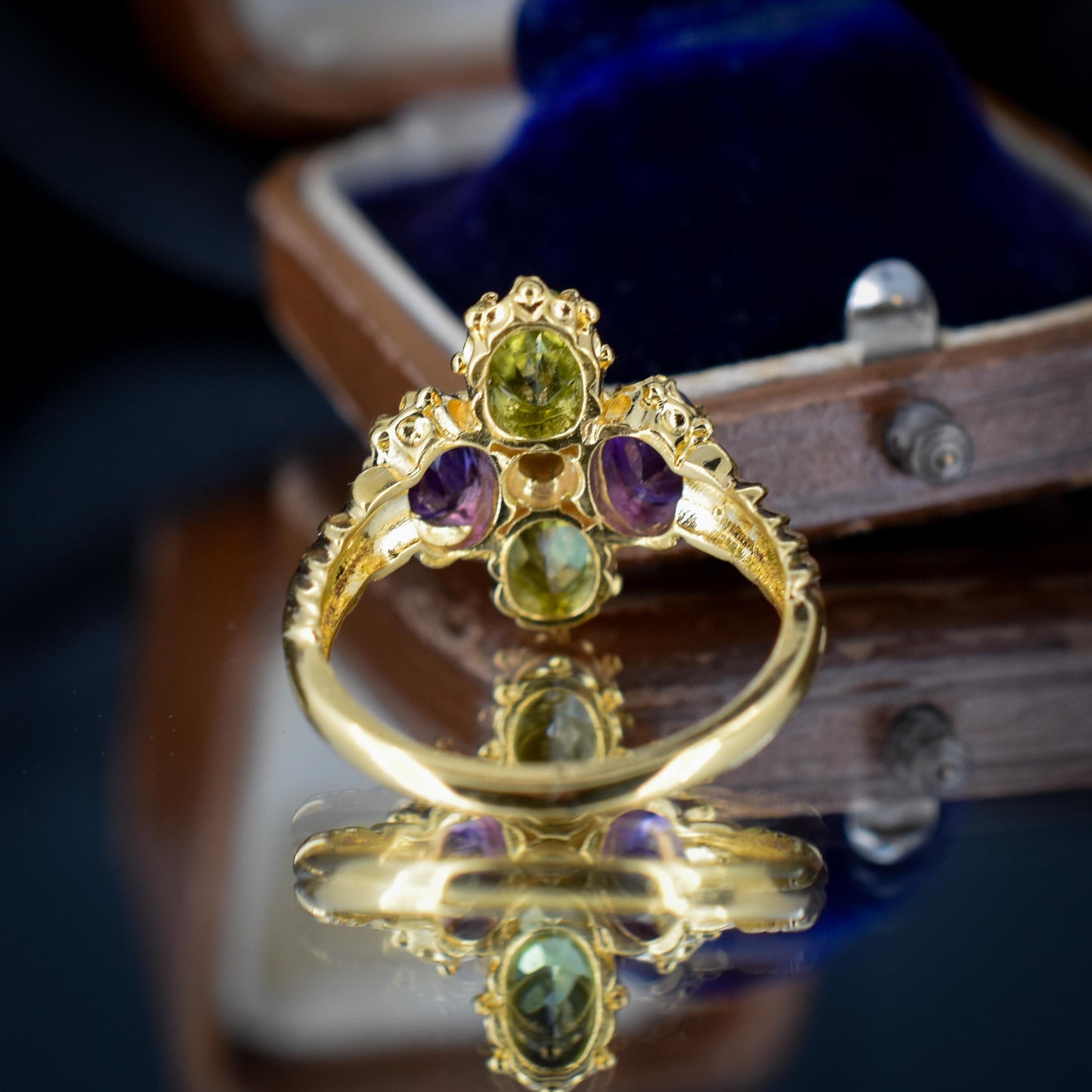 Amethyst Peridot and Pearl Fancy Cluster Gold on Silver Ring