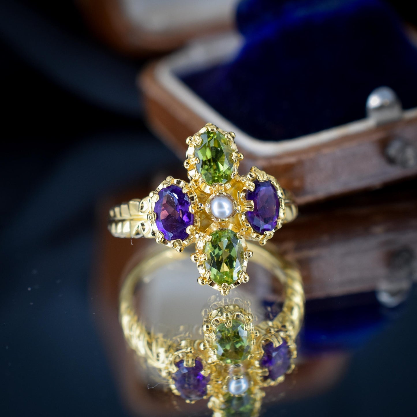 Amethyst Peridot and Pearl Fancy Cluster Gold on Silver Ring