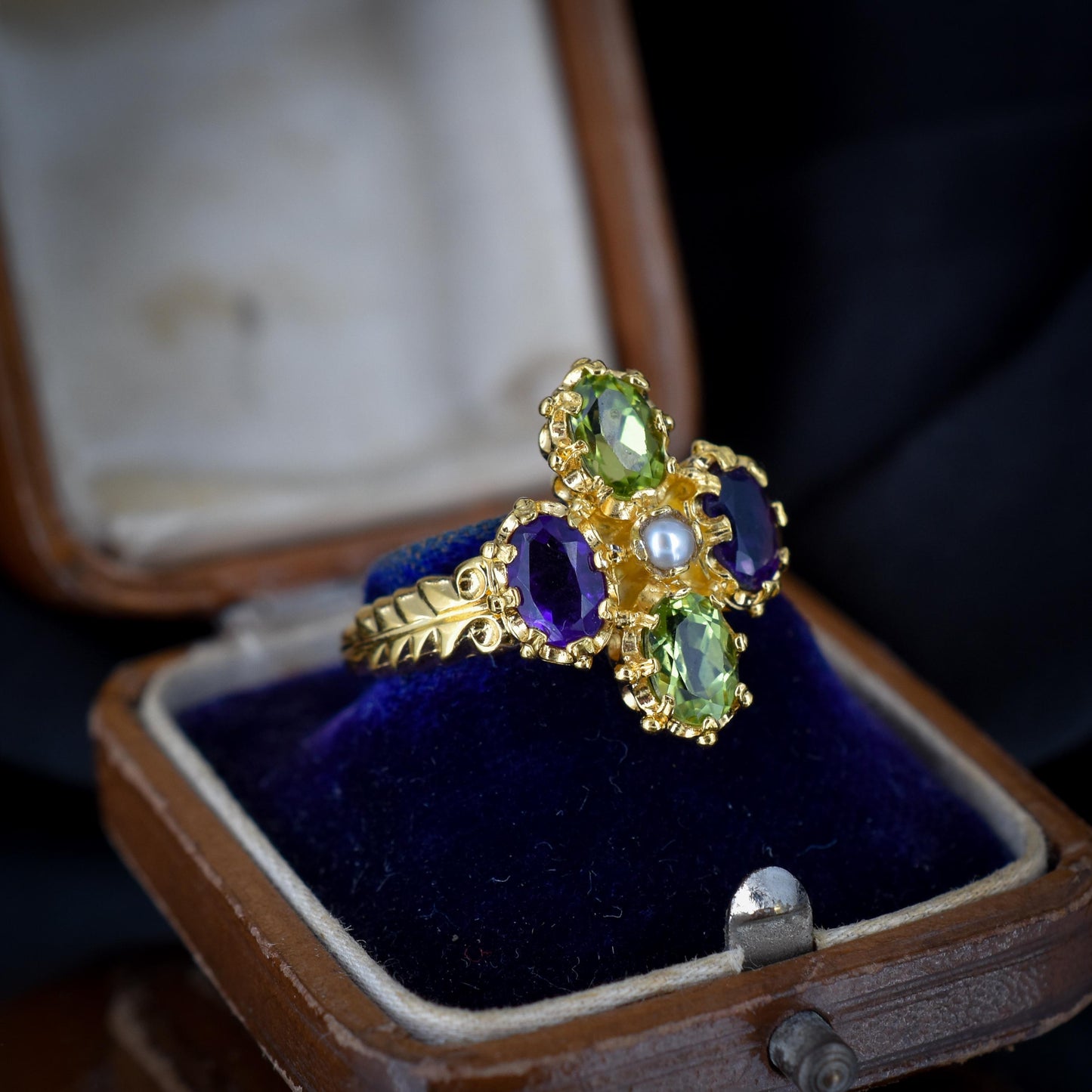 Amethyst Peridot and Pearl Fancy Cluster Gold on Silver Ring