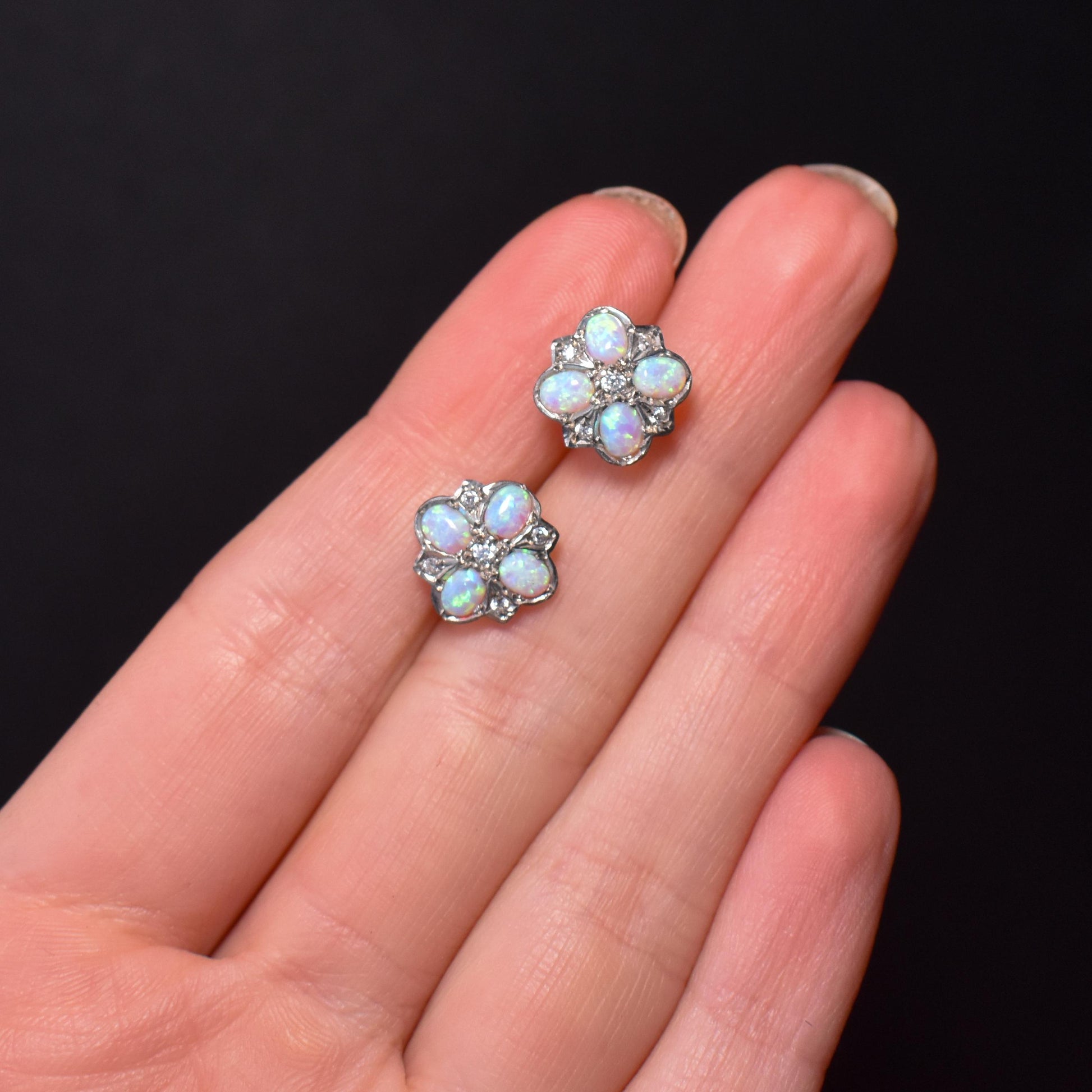 Opal Flower Cluster Gold Stud Earrings