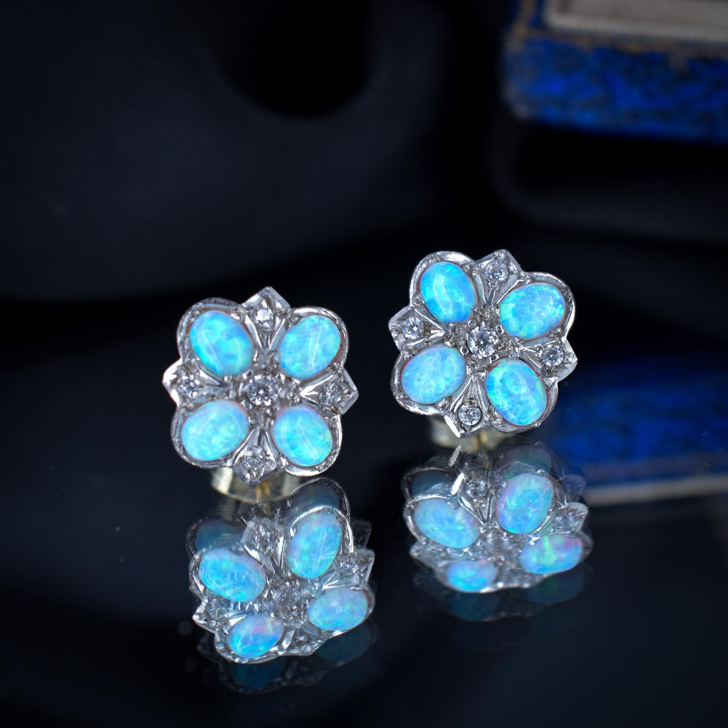 Opal Flower Cluster Gold Stud Earrings