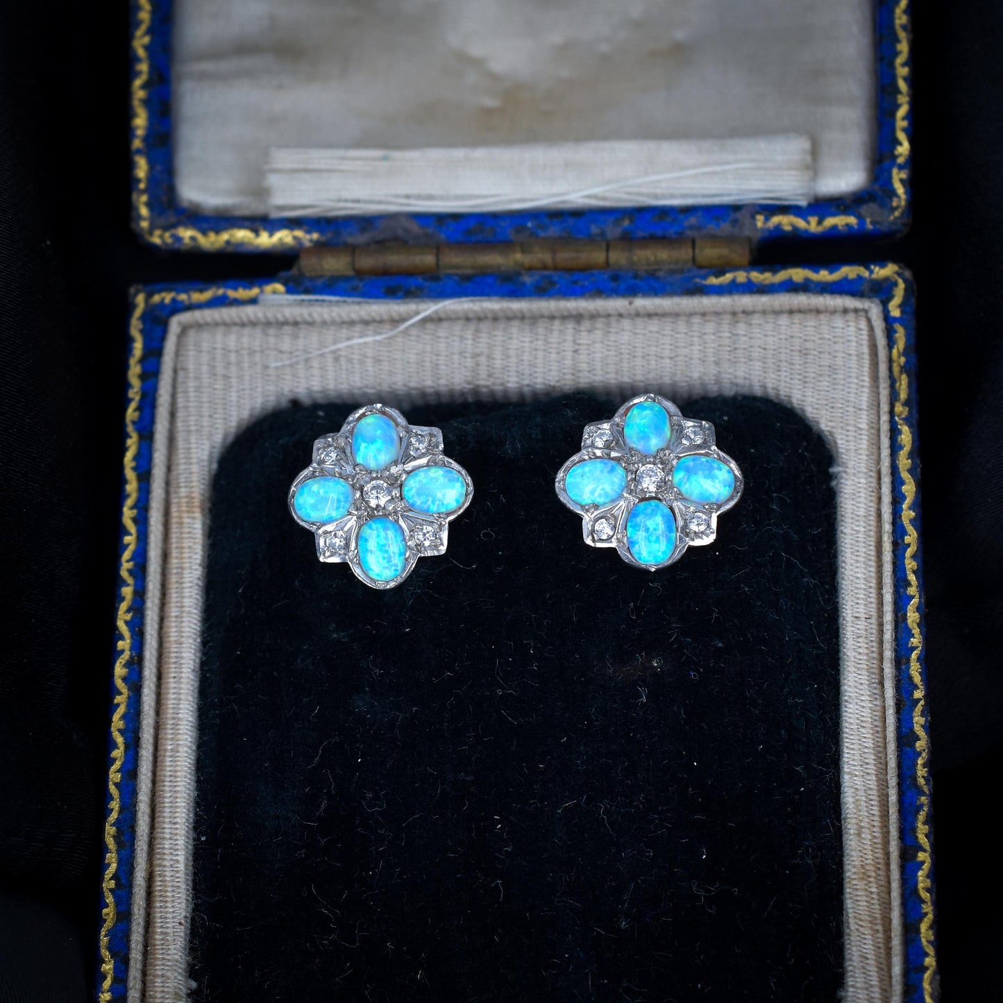 Opal Flower Cluster Gold Stud Earrings