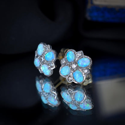 Opal Flower Cluster Gold Stud Earrings