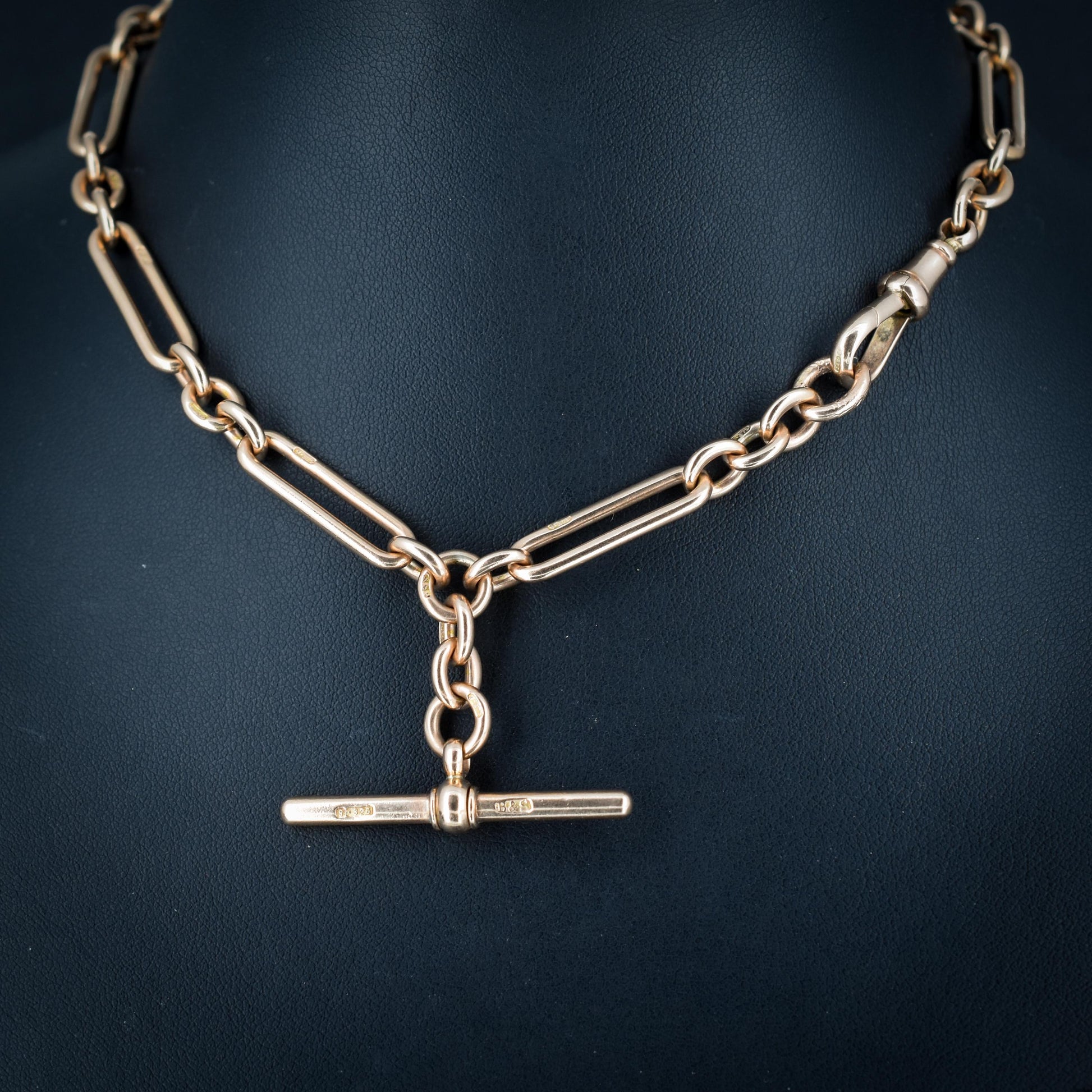 Antique 9ct Gold Trombone Link Chain Necklace with Dog Clip and T-bar 14" length