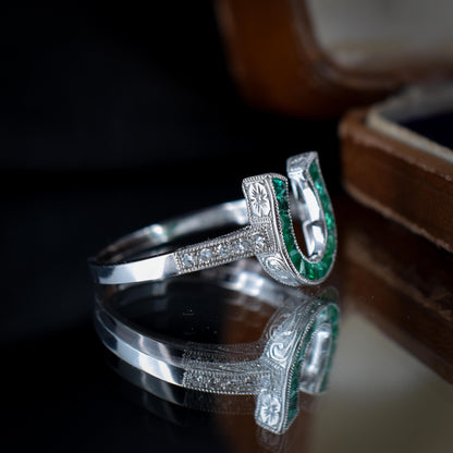 French Cut 0.40ct Emerald and Diamond Horseshoe Platinum Ring