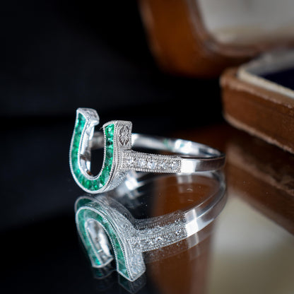 French Cut 0.40ct Emerald and Diamond Horseshoe Platinum Ring