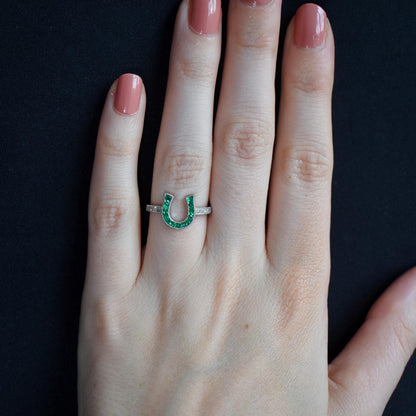 French Cut 0.40ct Emerald and Diamond Horseshoe Platinum Ring