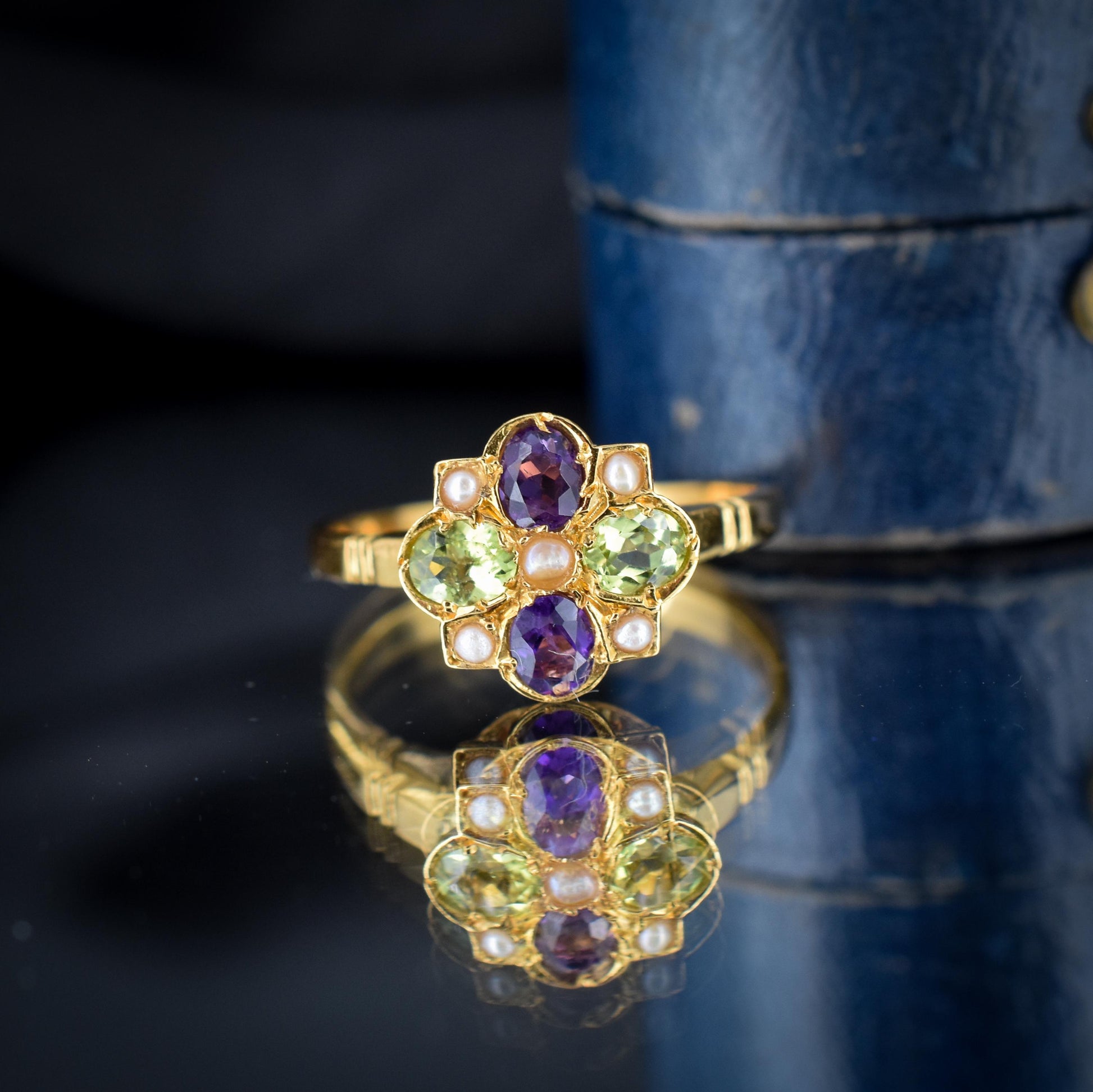 Suffragette Style Amethyst Peridot and Pearl 18ct Yellow Gold on Silver Cluster Ring – Antique Inspired