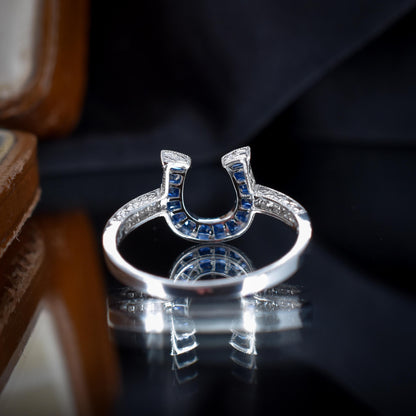 French Cut 0.55ct Blue Sapphire and Diamond Horseshoe Platinum Ring