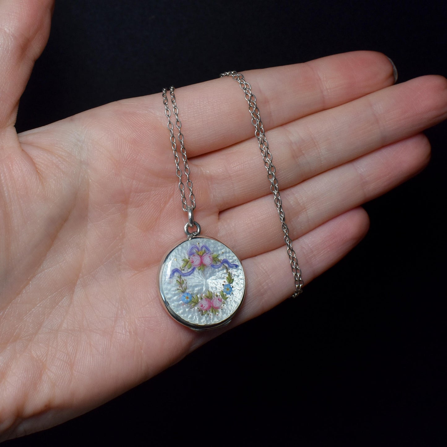 Antique Edwardian Silver Guilloche Enamel Flower Garland Locket Chain Necklace