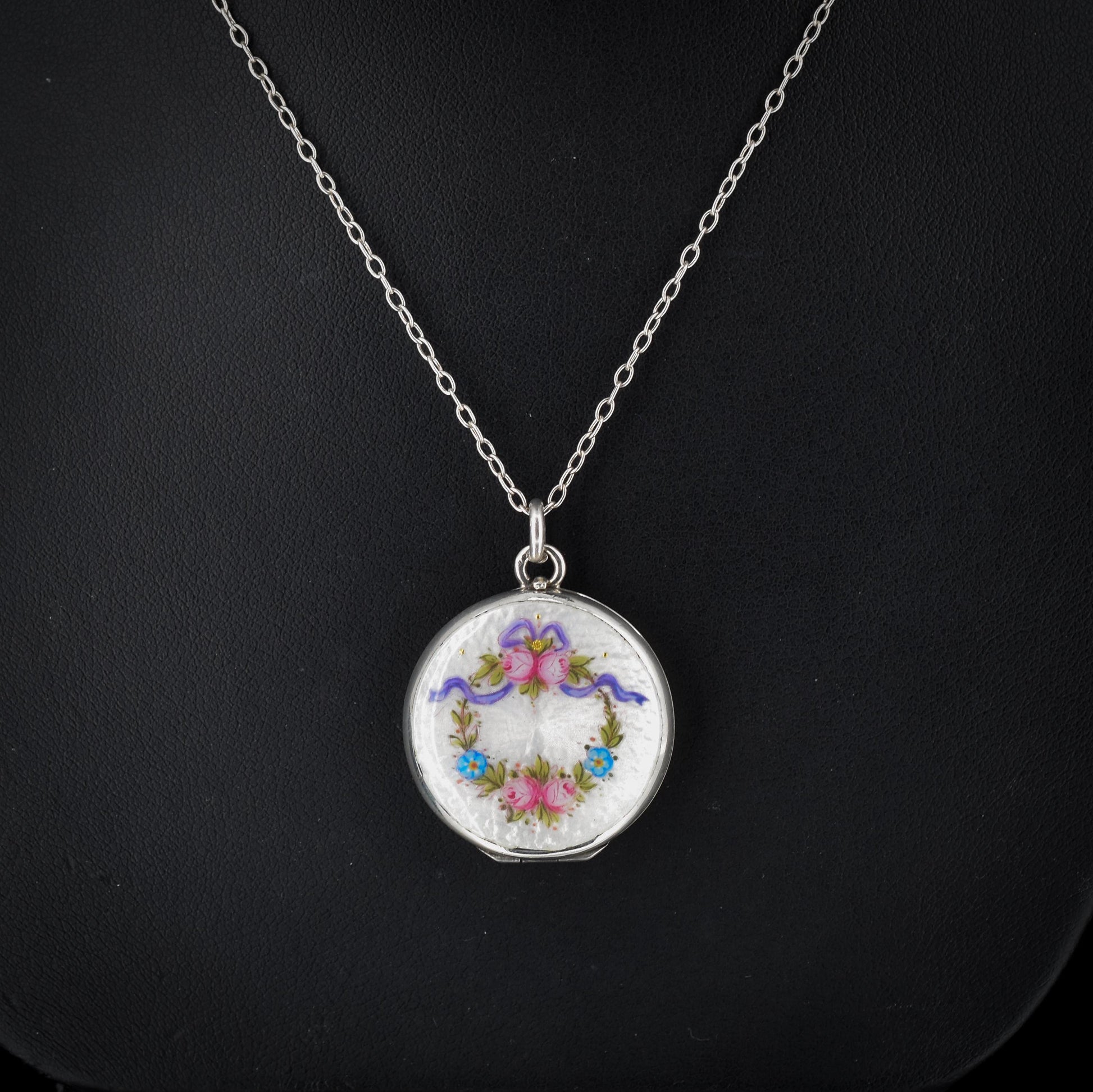 Antique Edwardian Silver Guilloche Enamel Flower Garland Locket Chain Necklace