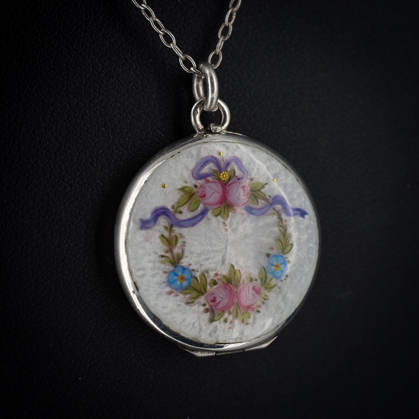 Antique Edwardian Silver Guilloche Enamel Flower Garland Locket Chain Necklace