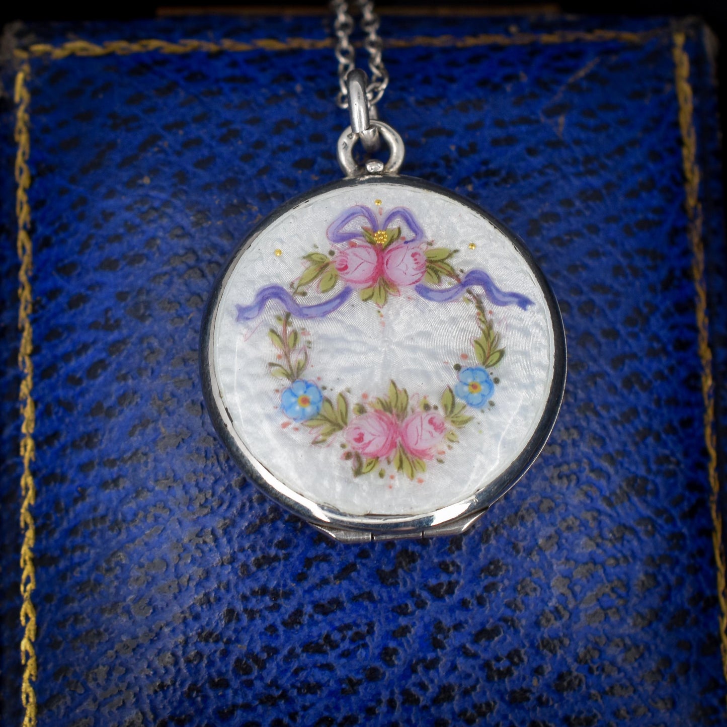 Antique Edwardian Silver Guilloche Enamel Flower Garland Locket Chain Necklace