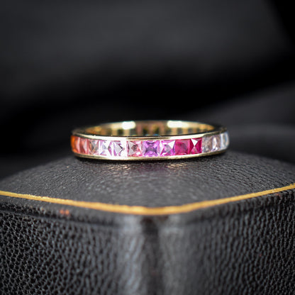 French Cut Multi Coloured Sapphire Rainbow Full Eternity 14ct Gold Band Ring