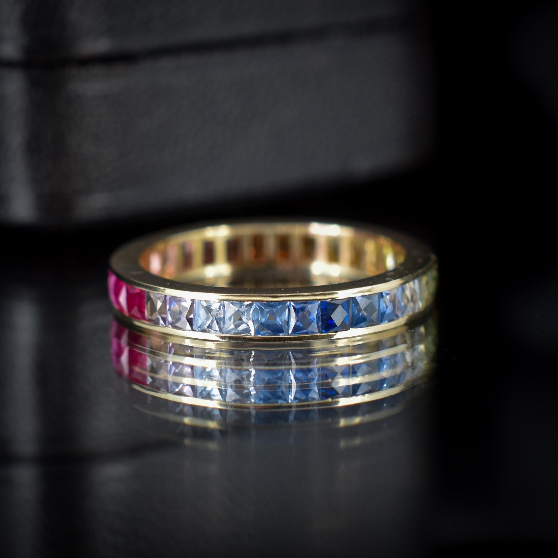 French Cut Multi Coloured Sapphire Rainbow Full Eternity 14ct Gold Band Ring