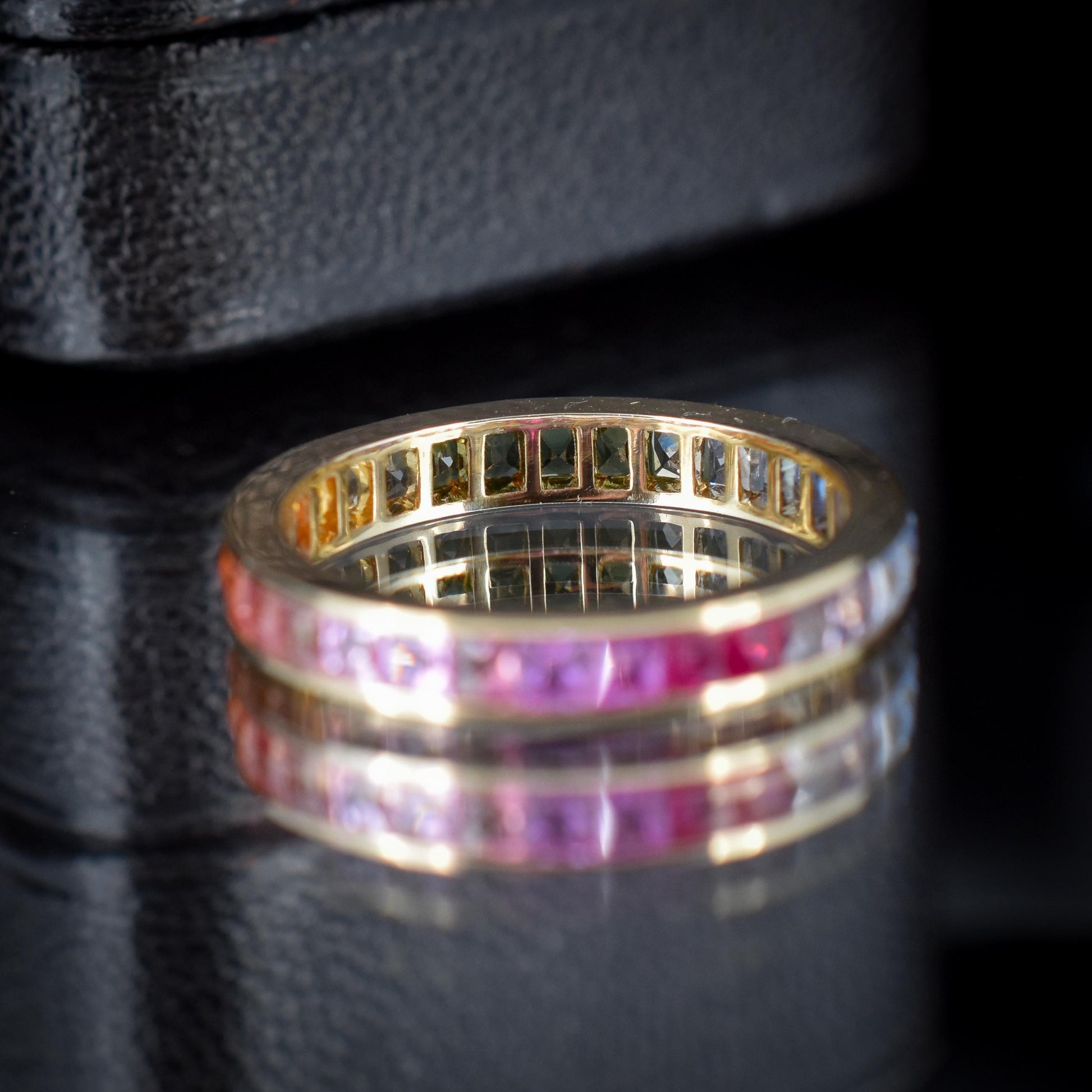 French Cut Multi Coloured Sapphire Rainbow Full Eternity 14ct Gold Band Ring