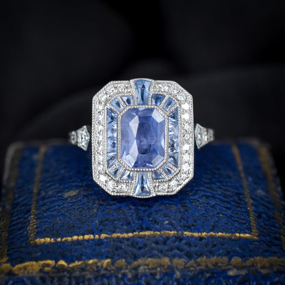 Art Deco Style Natural Ceylon Blue Sapphire and Diamond Platinum Cocktail Ring | Certified