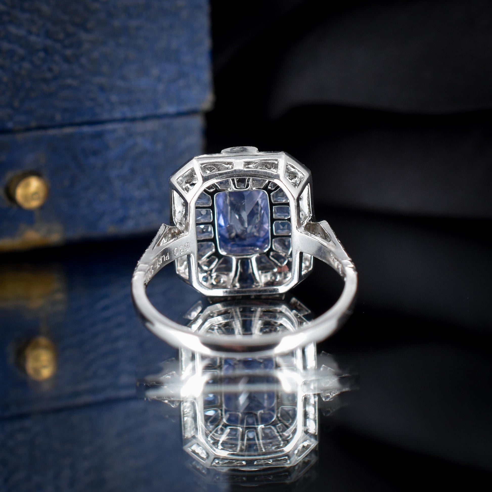 Art Deco Style Natural Ceylon Blue Sapphire and Diamond Platinum Cocktail Ring | Certified