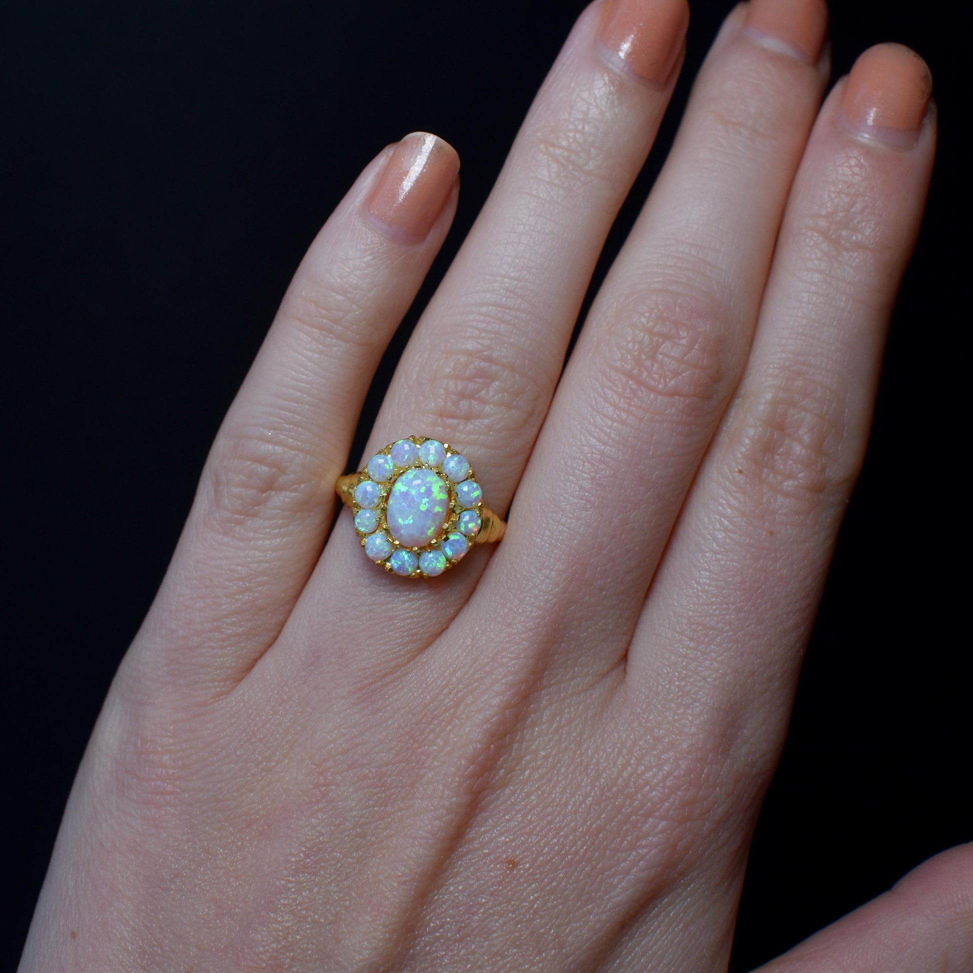 Opal Oval Cluster 18ct Gold Gilded Silver Ring | Antique Style