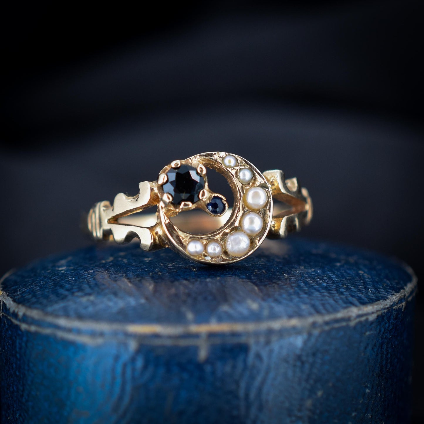 Vintage Pearl and Sapphire Crescent Moon 9ct Gold Ring