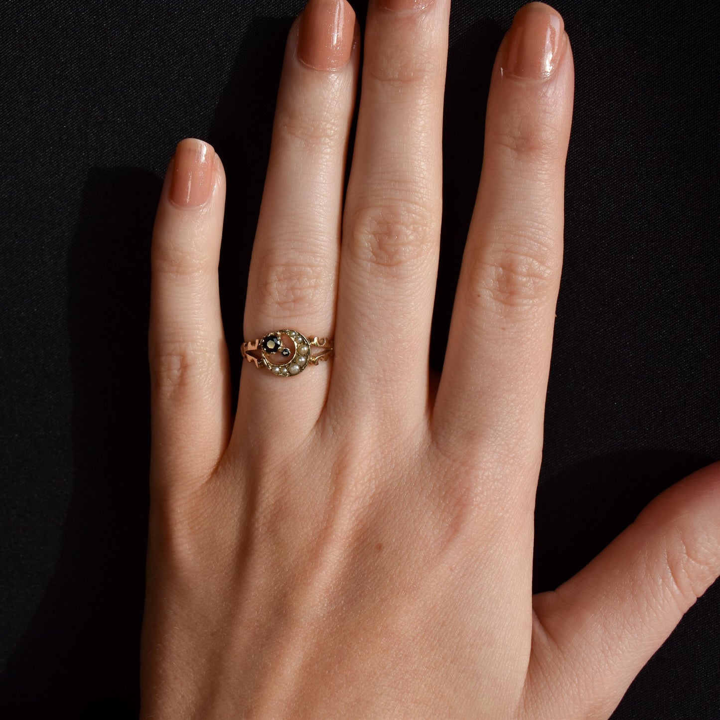 Vintage Pearl and Sapphire Crescent Moon 9ct Gold Ring