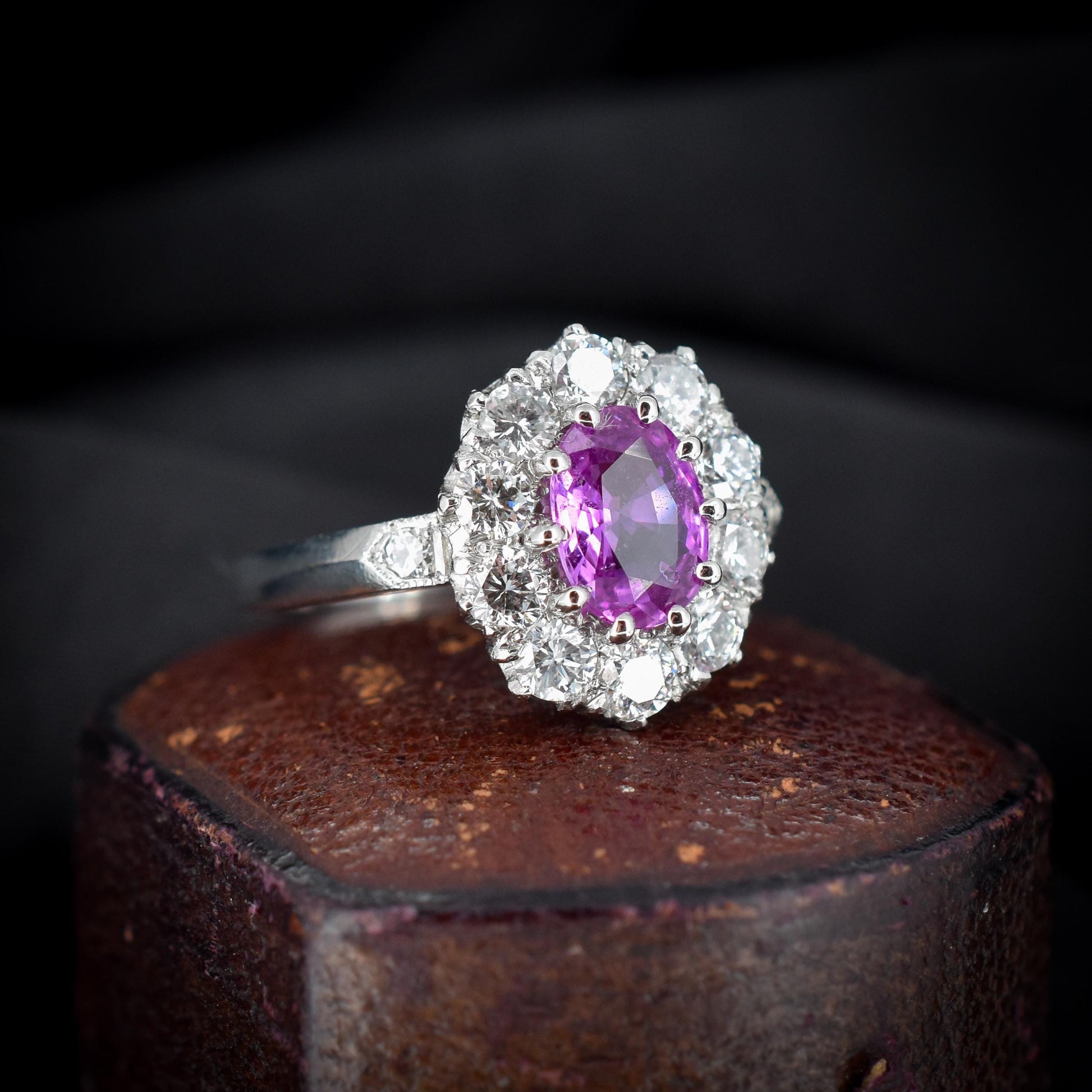 Pink Sapphire and Diamond Oval Cluster Halo Platinum Ring