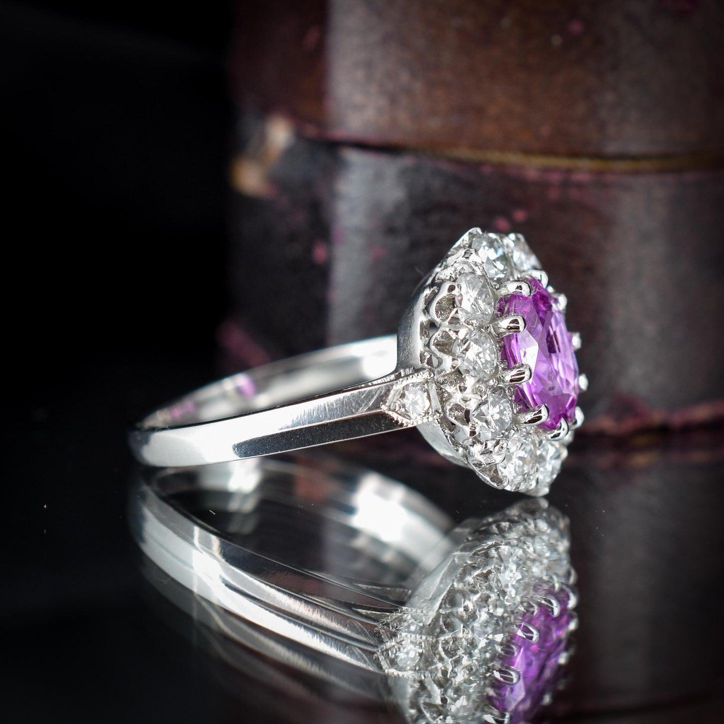 Pink Sapphire and Diamond Oval Cluster Halo Platinum Ring