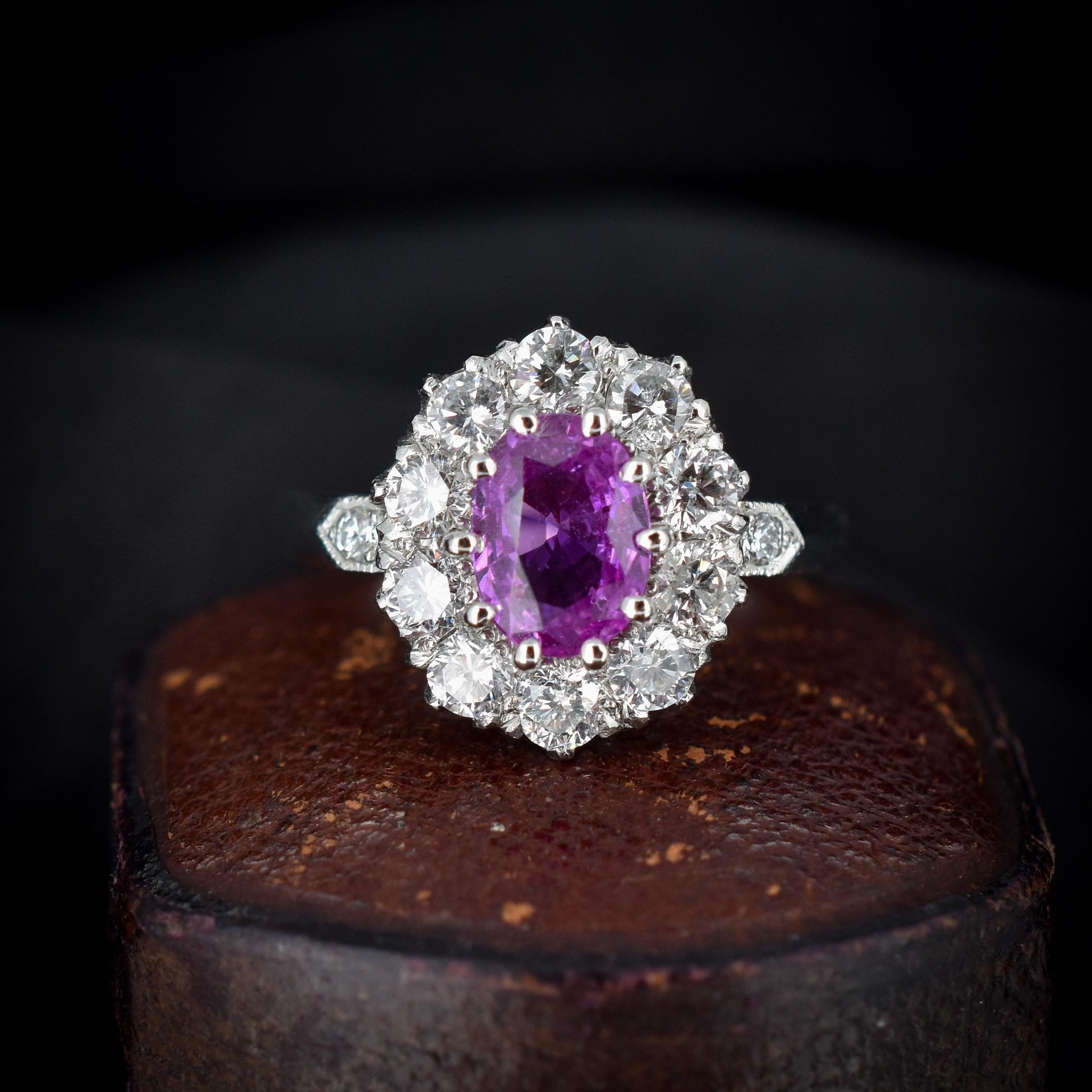 Pink Sapphire and Diamond Oval Cluster Halo Platinum Ring