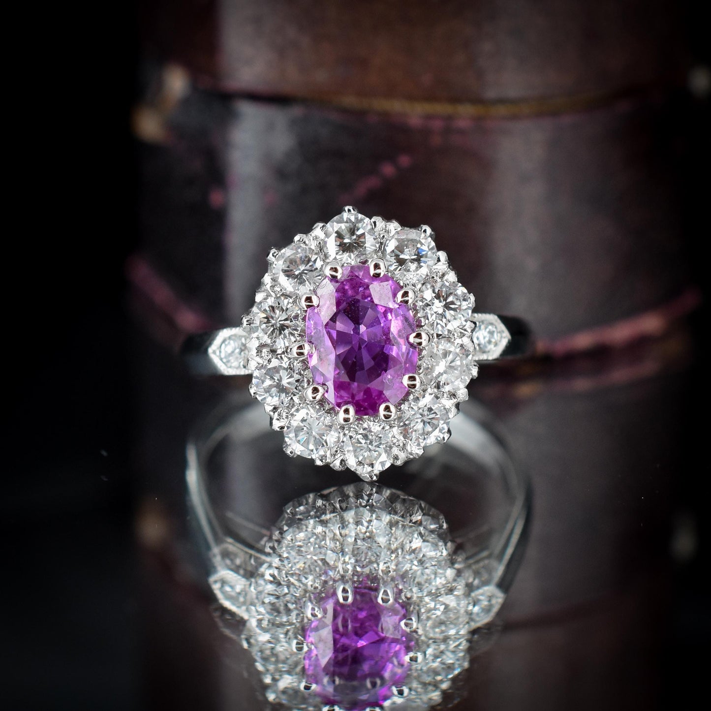 Pink Sapphire and Diamond Oval Cluster Halo Platinum Ring