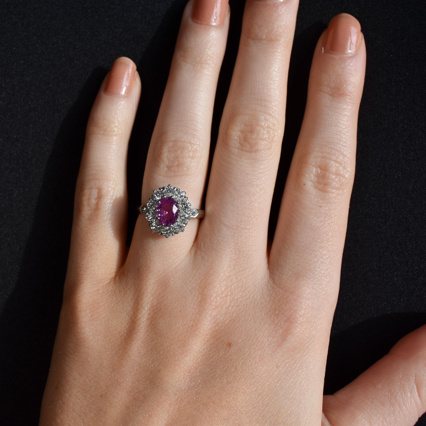 Pink Sapphire and Diamond Oval Cluster Halo Platinum Ring