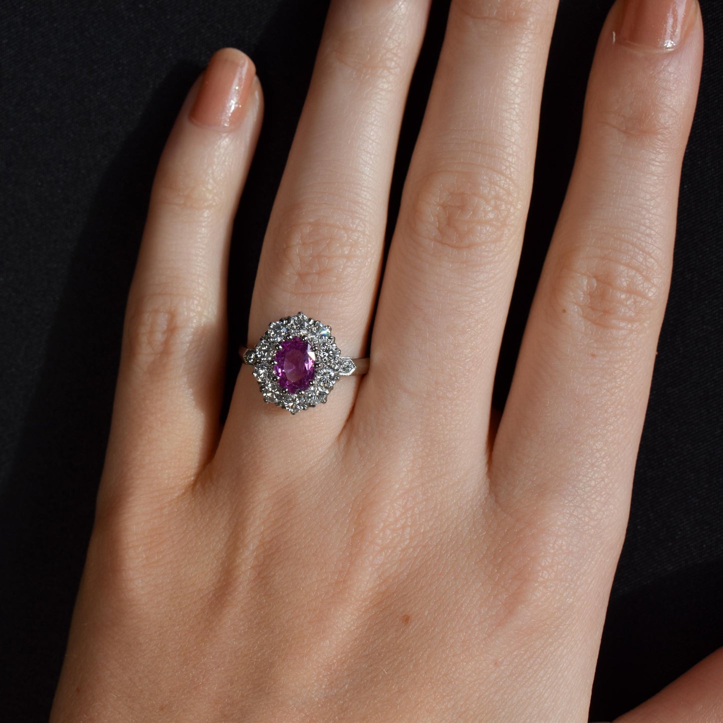 Pink Sapphire and Diamond Oval Cluster Halo Platinum Ring