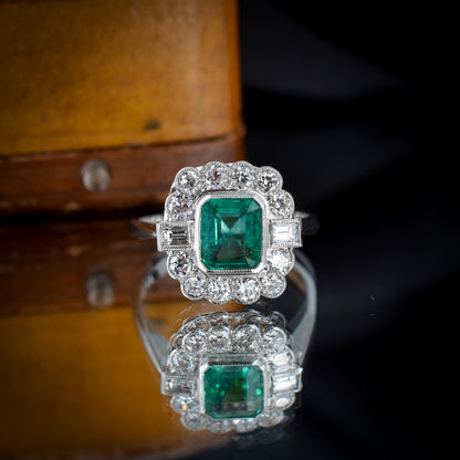 Emerald and Diamond Cluster Halo Platinum Ring | Engagement | Art Deco Style