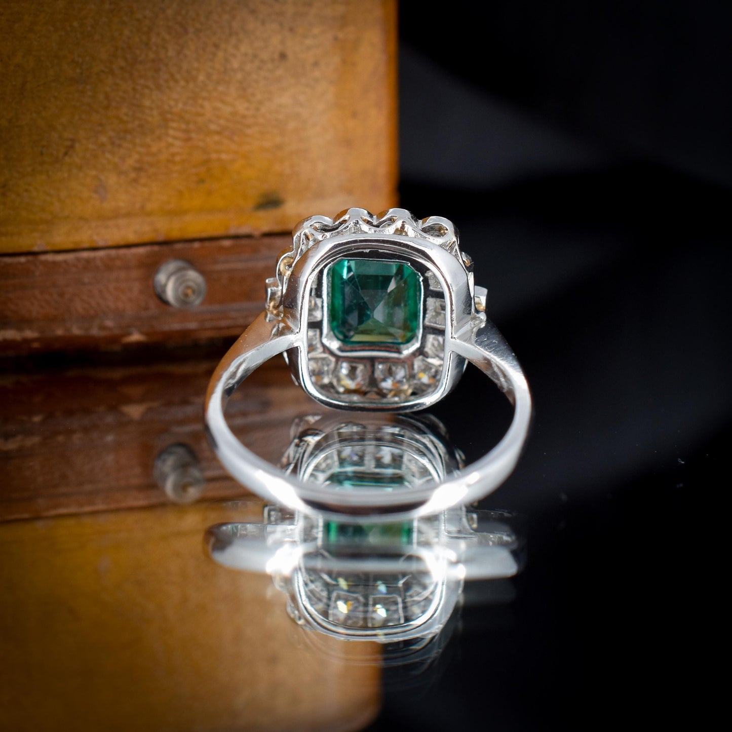 Emerald and Diamond Cluster Halo Platinum Ring | Engagement | Art Deco Style