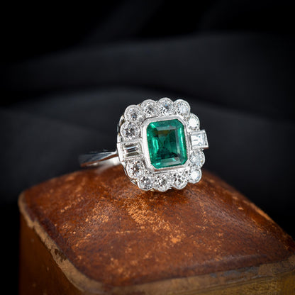 Emerald and Diamond Cluster Halo Platinum Ring | Engagement | Art Deco Style