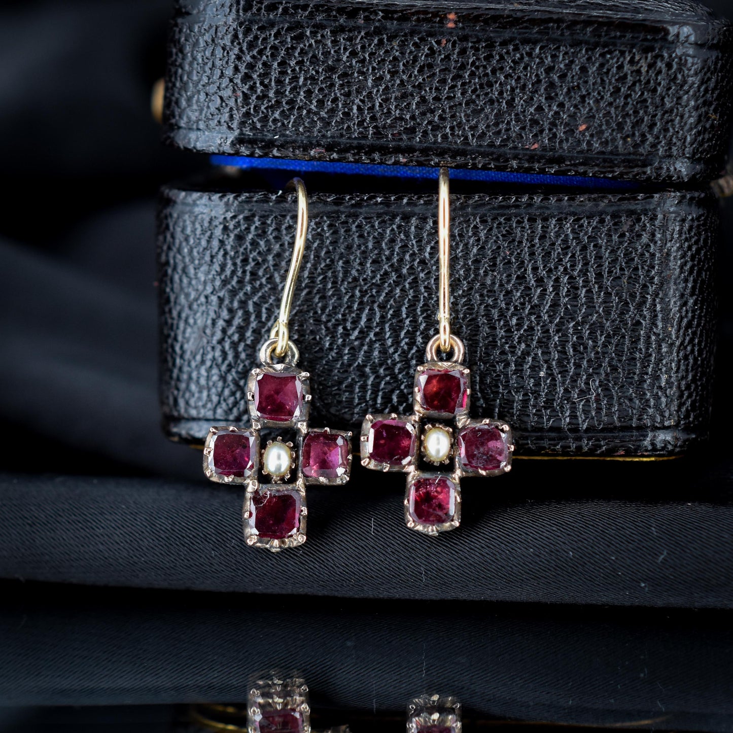 Antique Georgian Flat Cut Garnet and Pearl 9ct Gold Drop Earrings