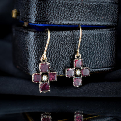 Antique Georgian Flat Cut Garnet and Pearl 9ct Gold Drop Earrings