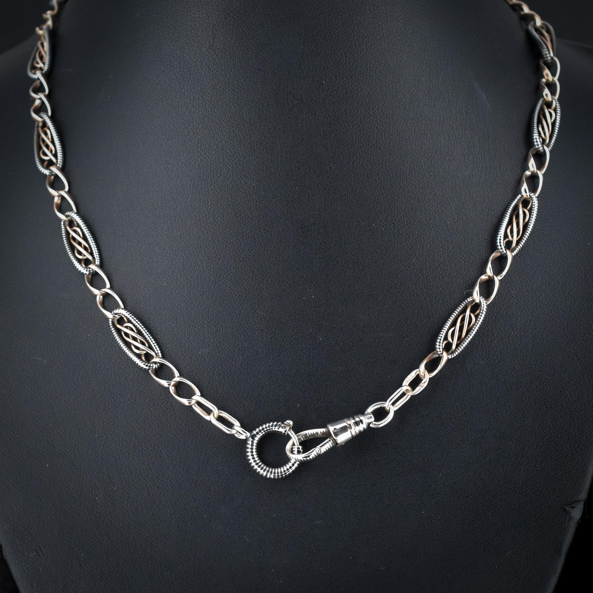 Antique French Niello Silver and Gold Watch Chain Necklace