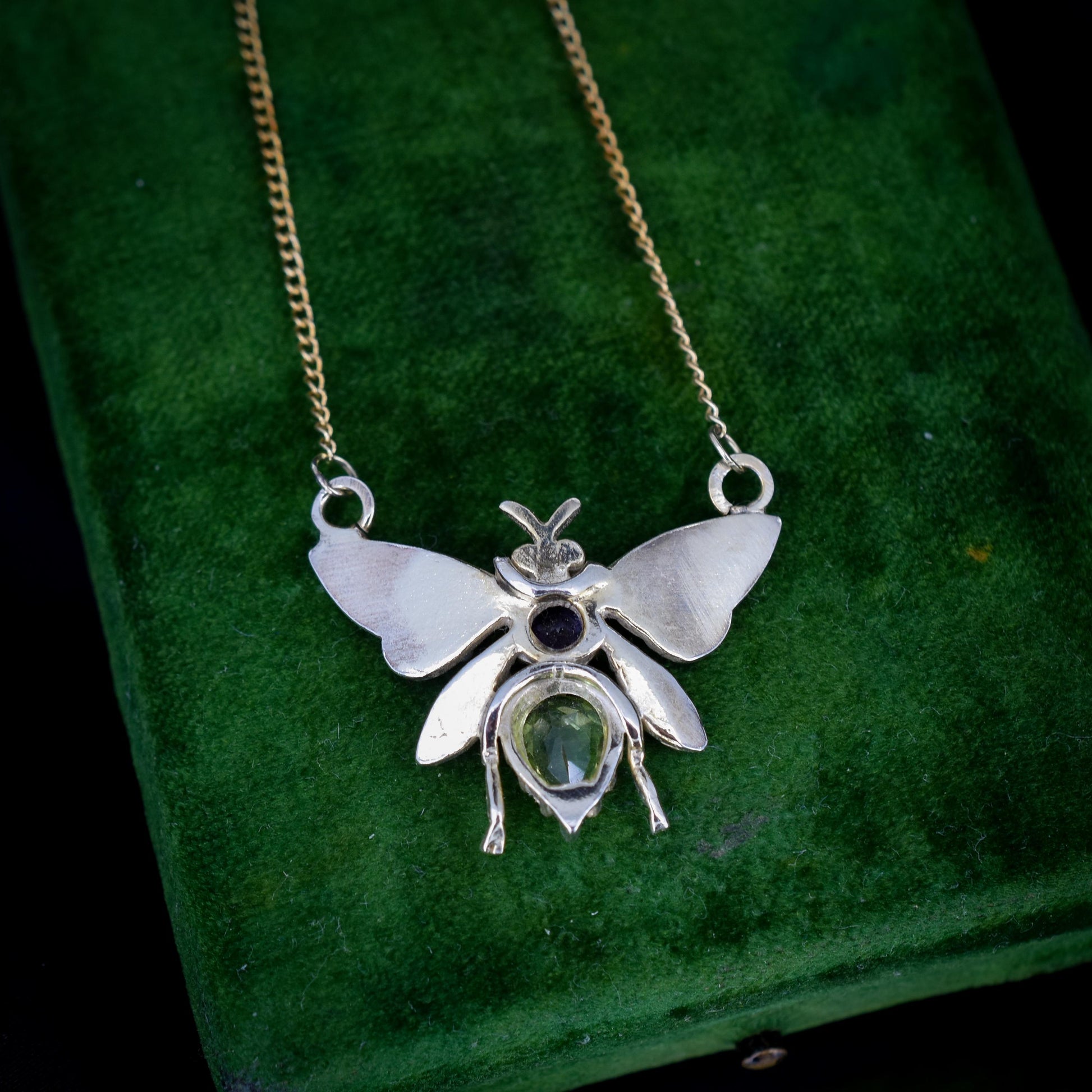 Amethyst Peridot and Pearl Butterfly Insect 18ct Gold Gilded Pendant and Chain Necklace