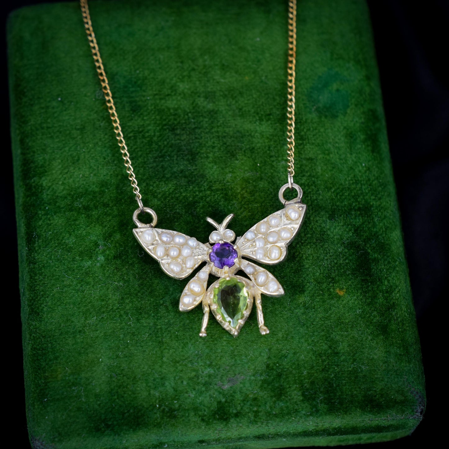 Amethyst Peridot and Pearl Butterfly Insect 18ct Gold Gilded Pendant and Chain Necklace