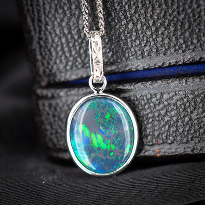 1.87ct Natural Solid Black Opal Oval Platinum Charm Pendant