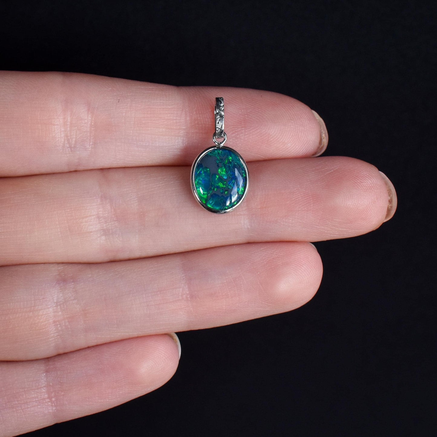 1.87ct Natural Solid Black Opal Oval Platinum Charm Pendant